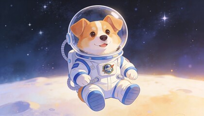 Cute Corgi Dog Astronaut Sitting on Planet Surface in Space with Stars
