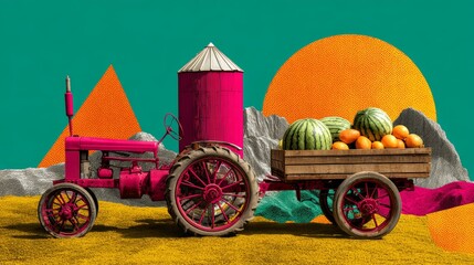 Vibrant Pink Tractor With Fruit Wagon In Surreal Farm Landscape With Colorful Shapes