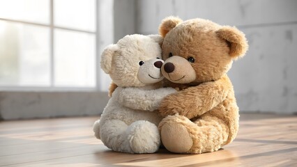 Obraz premium Two adorable fluffy teddy bears hugging on wooden floor near window