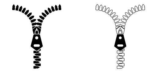 Vector illustration of a zipper icon, showing the teeth and pull in a clear and detailed design. The image contrasts black and white colors, presenting the zipper in an open or closing position. © AnupKumar