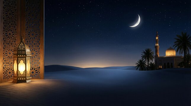 ramadhan background on the desert at night with lantern mosque made with generative ai
