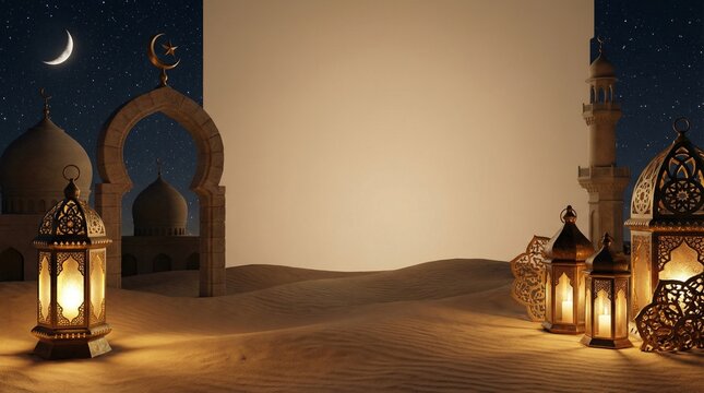 ramadhan background at dawn with lantern mosque crescent moon made with generative ai