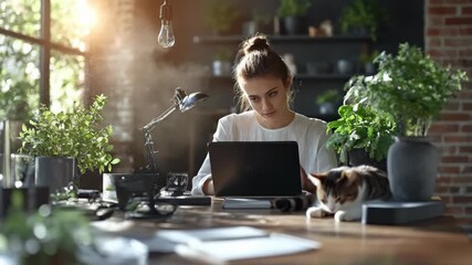Female professional managing virtual tasks on her computer, seated at a bright home desk, surrounded by various green house plants, with a contented cat observing.