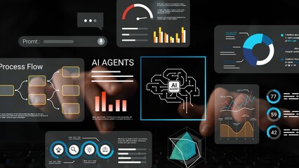 Abstract Technology Background with Data Visualization and AI Concepts Displayed on Virtual Screen Created by Dynamic Hands Typing on Keyboard Gluon.