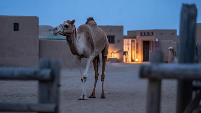 Majestic camel standing calmly in ancient desert city at twilight