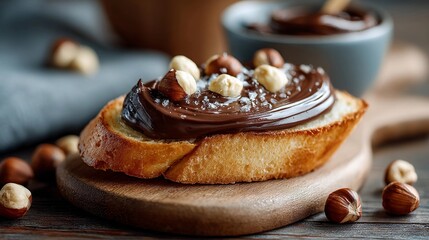 Delicious toast topped with chocolate spread and nuts on a wooden table in a cozy setting