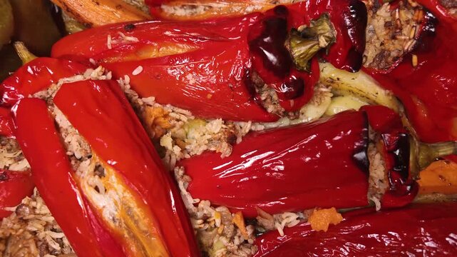 The classic greek dish, Gemista, a vibrant plate of red and green peppers, potatoes, sweet patatoes, stuffed with rice, herbs, and minced meat, baked and drizzled  with olive oil, classic greek food