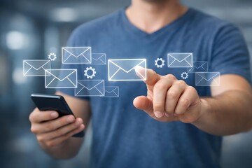 Email automation, email marketing concept, Gathering customer insights via email to enhance customer engagement, retention and loyalty. Man using smartphone with email icon on virtual screen.
