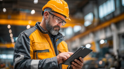 Man in yellow hard hat and safety glasses using tablet