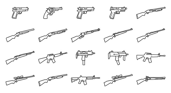 Collection of outline drawings depicting various firearms, including pistols, revolvers, rifles, and submachine guns arranged in rows.