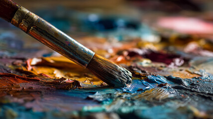 Fototapeta premium Paintbrush with colorful oil paint on palette artist
