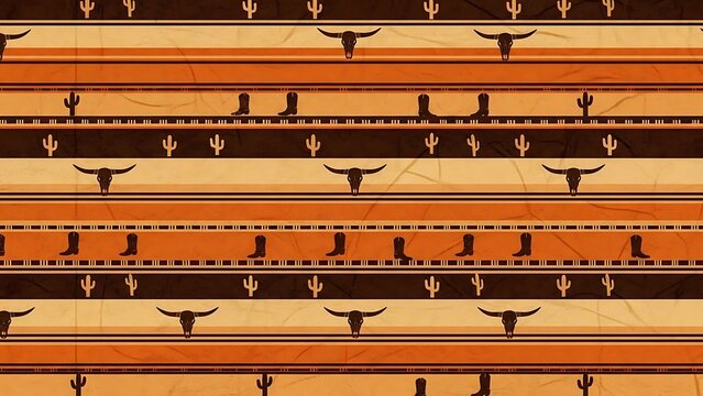 A repeating pattern featuring Western elements like boots, cacti, and longhorn skulls.