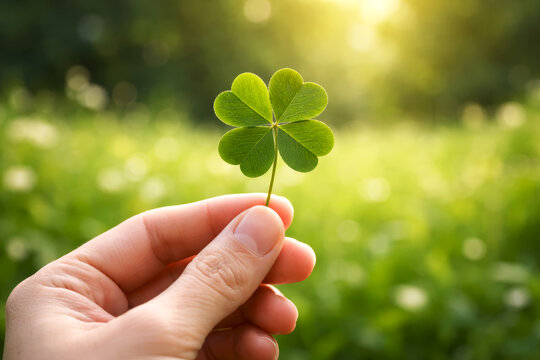 Human Hand Holding Four-Leaf Clover on Green Meadow Background - Powered by Adobe