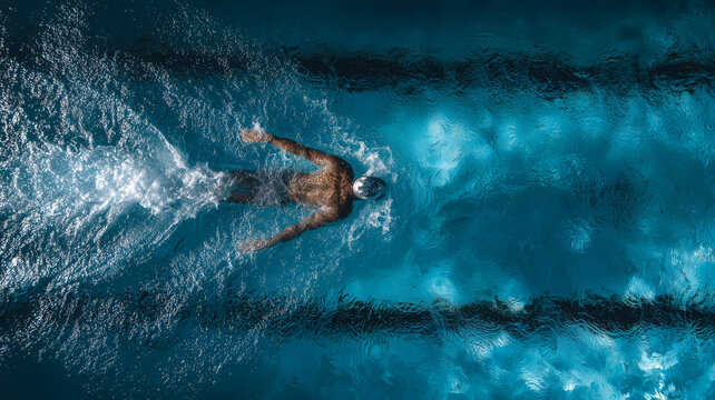 Overhead view of man swimming freestyle in blue pool