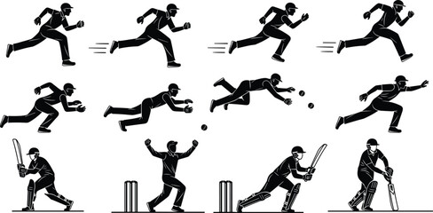Cricket Player Silhouette Collection Featuring Batsman Hitting Ball Fielders Diving And Running Action Poses Isolated On White Background For Sports Design And Coaching