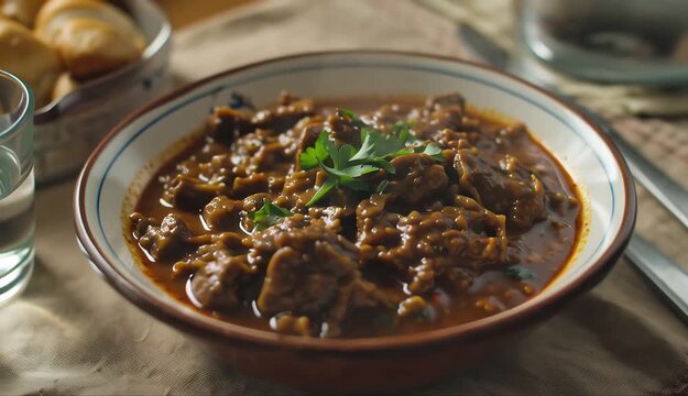 Rich beef stew in a bowl