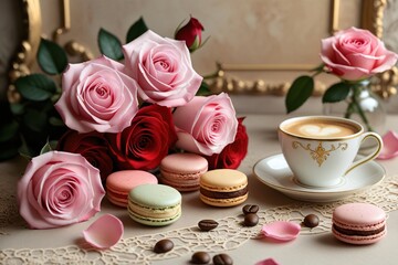 Beautiful roses and macarons with coffee in elegant cup on white table with gold frame in background