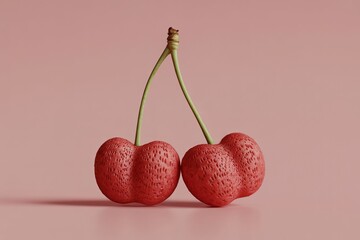 Heart Shaped Red Cherries Minimal Love Concept on Pink Background