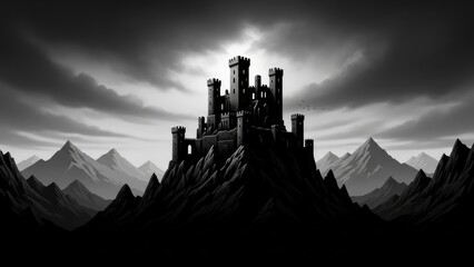 Obraz premium Haunting Gothic Illustration of an Ancient Castle Ruin Silhouetted Against Mountains