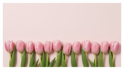 Beautiful Row of Fresh Pink Tulips with Green Stems and Leaves on a Pastel Background, Ample Copy Space Above