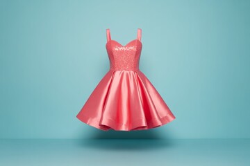 Floating Coral Pink Cocktail Dress on Blue Background Elegant Party Fashion Concept