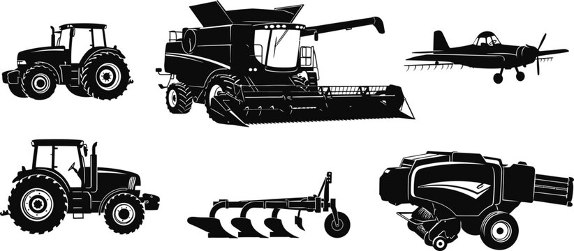 Silhouette vector set of 5 farm vehicle profiles tractor combine harvester crop duster plow and hay baler