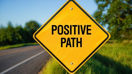 Motivational Road Sign with Text Positive Path on Sunny Countryside Roadside for Future Success and Optimism