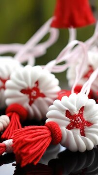 Exquisite Martisor adornments embodying Romanian cultural tradition, celebrating spring's renewal with vibrant red and pure white handcrafted decorative symbols of good fortune