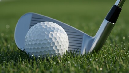 Detailed Close up of a Golf Ball Resting Beside an Iron Club on Dew kissed Green Grass
