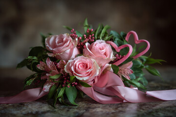 Close Up of a Romantic Pink Rose Arrangement with Decorative Wire Hearts