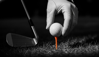 Golfers Gloved Hand Carefully Placing White Golf Ball on Orange Tee with Club on Grass