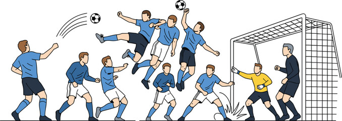 Soccer Players In Action During Corner Kick With Goalkeeper Defending Goal Post And Athletes Jumping To Head Ball Illustration Isolated On White For Sports Design © Sherina