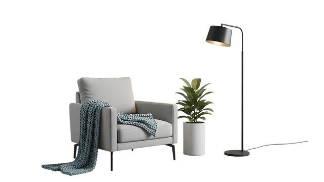Modern armchair with throw blanket, plant, and lamp cut out on PNG. AI GENERATED.
