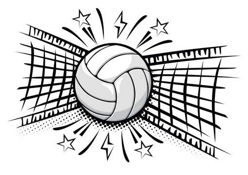 Volleyball ball hit the net. Comic half tone temlate. Vector on transparent background