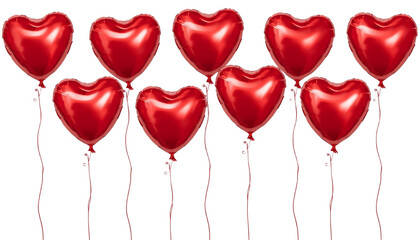 A cluster of red heart-shaped balloons floating on transparent background