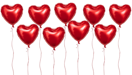 A cluster of red heart-shaped balloons floating on transparent background