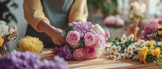 Florist Hands Creating a Romantic Pink Rose and Purple Hydrangea Bouquet