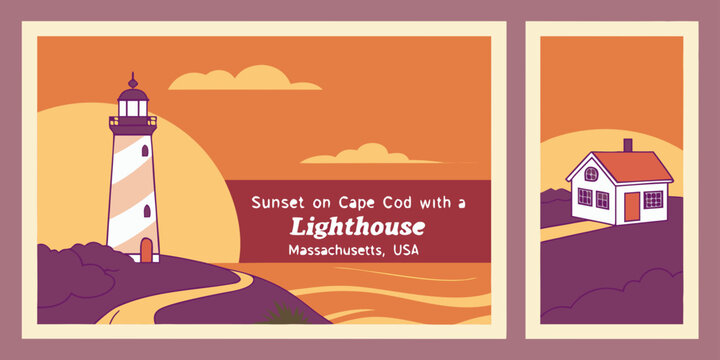 Flat vector illustration of a scenic sunset on cape cod featuring a classic tall lighthouse and a small coastal house by the ocean in massachusetts usa in a vintage retro graphic art style