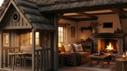 Cozy cottage living room with fireplace and rustic decor illustration
