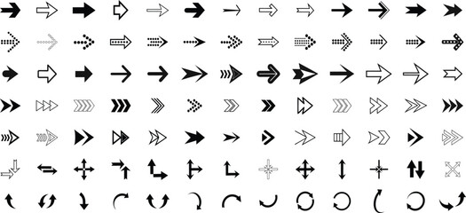 Collection of various black arrows and symbols on white background