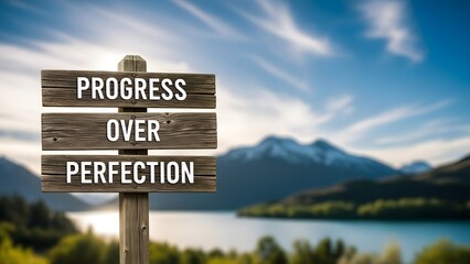 Wooden signpost with motivational words progress over perfection in nature landscape