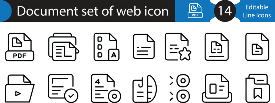 Document set of web icons including PDF files folders and editing tools vector illustration