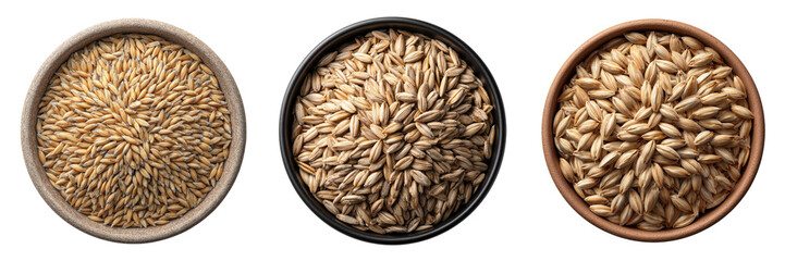 Three bowls of barley grain isolated on a transparent background