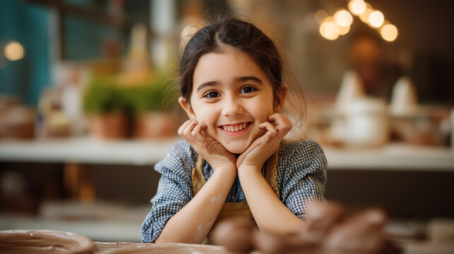 Happy smiling faceless girl having fun learning work with craft art clay handmade workshop ceramic studio little ceramist enjoy creative handcraft hobby pottery artisan school - Powered by Adobe