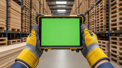 Industrial worker utilizes a rugged digital tablet with a green screen for efficient warehouse inventory operations