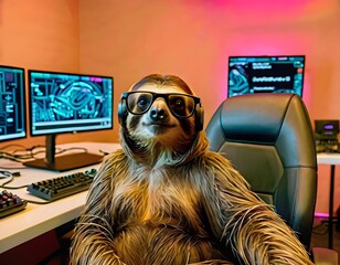 Fototapeta premium Surreal silliness: Funny Sloth Wearing Glasses and Headphones Working at Computer