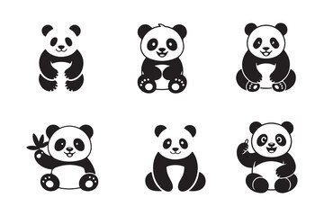 Minimalist panda bear logos and mascot graphics for branding animal icons set in black and white art © MST