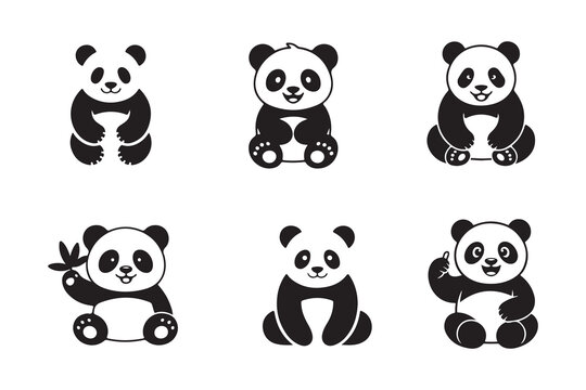Minimalist panda bear logos and mascot graphics for branding animal icons set in black and white art