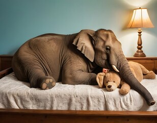 Surreal Giant Elephant Sleeping in a Small Bed with Teddy Bear