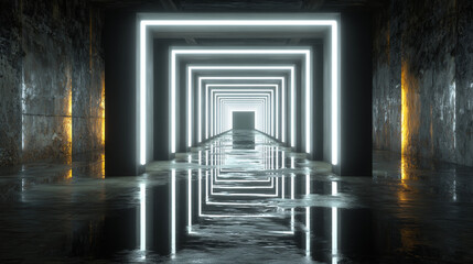 Fototapeta premium A futuristic tunnel with glowing white lights and reflective wet floor surfaces